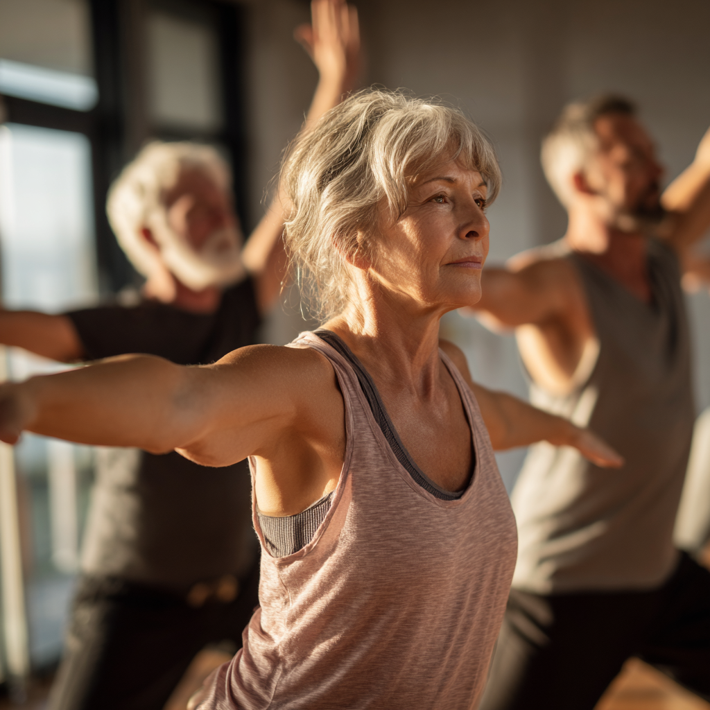 Middle-aged adults practicing gentle fitness movements in natural lighting