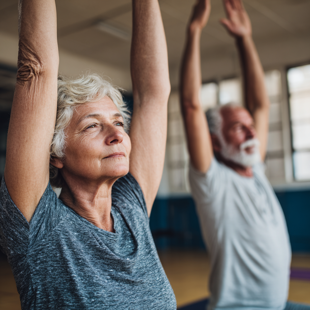 Older adults engaging in flexibility exercises with peaceful expressions